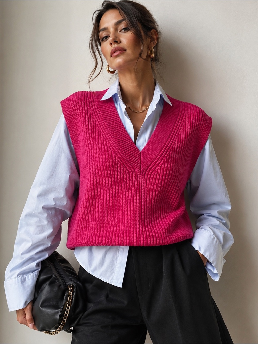 Merino Wool Pink Vest Ribbed V-Neck Academia Preppy Sweater XL